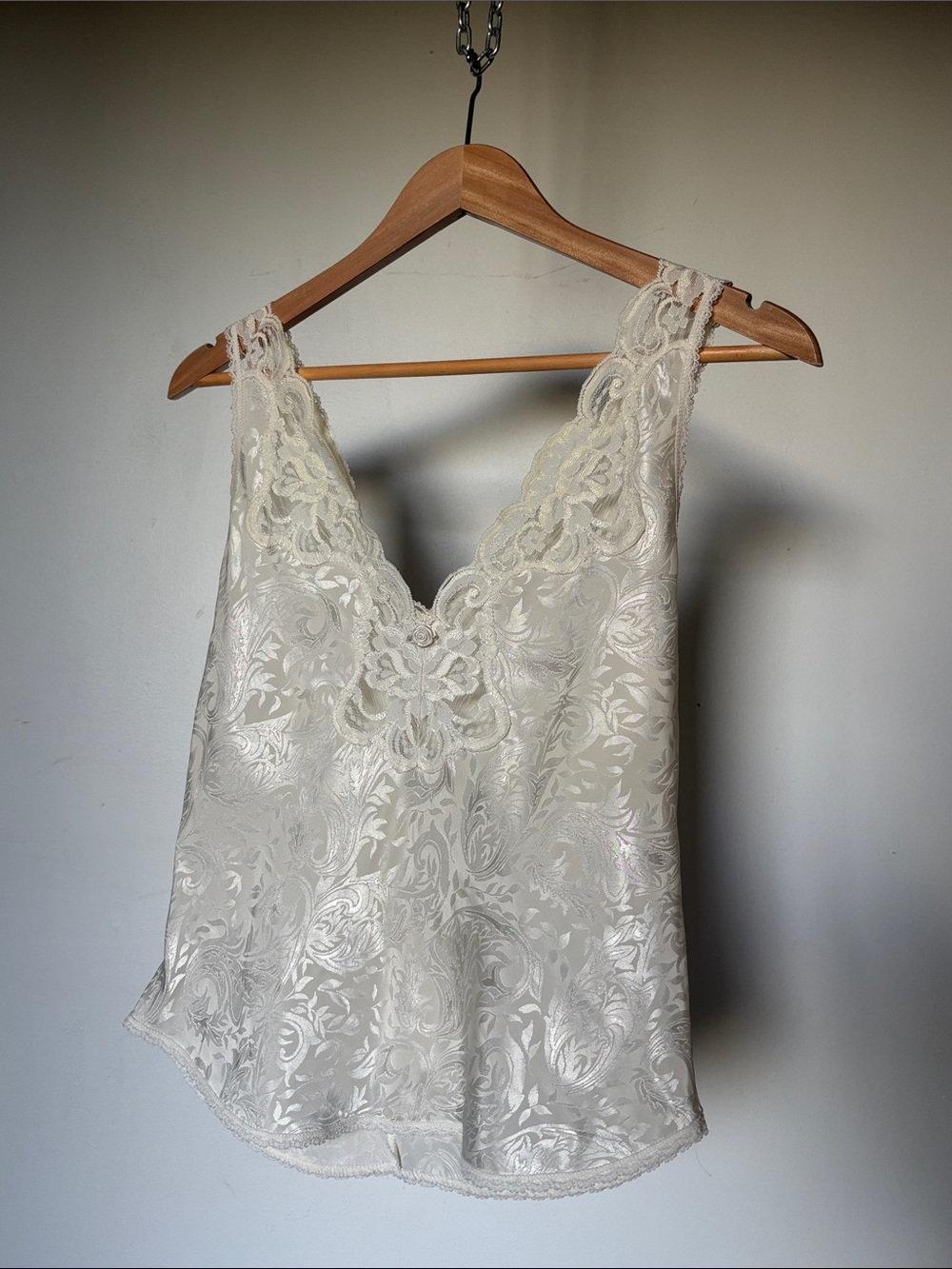 Vintage Ivory Lace-Trim Satin Tank